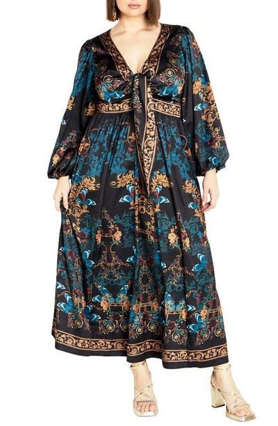 City Chic Ivanna Scarf Print Long Sleeve Maxi Dress In Black