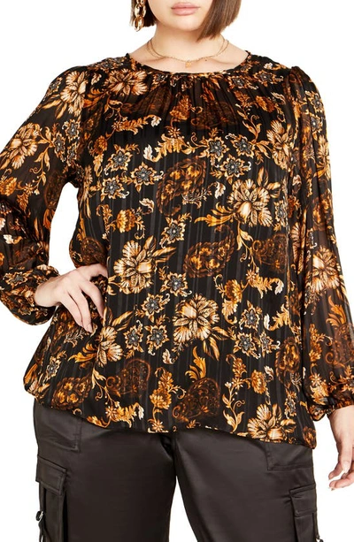 City Chic Freya Paisley Pleated Top In Black