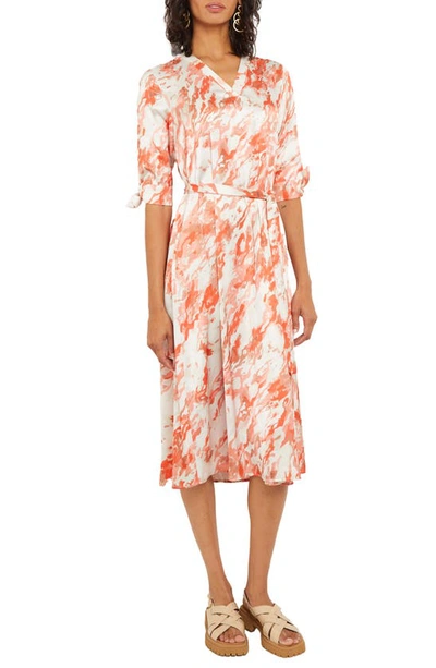 Misook Abstract-print Belted Crepe De Chine Midi Dress In Spice/multi