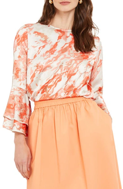 Misook Abstract Print Crepe De Chine Flounce Sleeve Blouse In Spice Citrine Italian