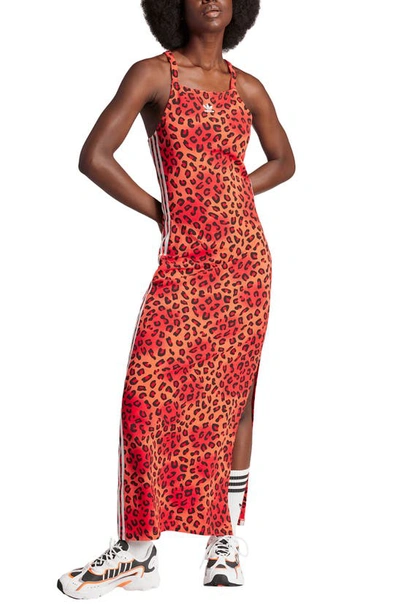 Adidas Originals Leopard Print Knit Maxi Dress In Bright Red