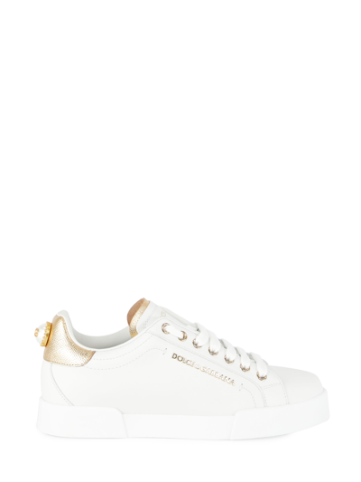 Dolce & Gabbana Portofino Sneakers In Leather With Contrasting Inserts In White,gold