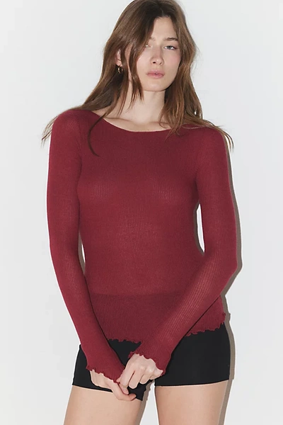 Out From Under Libby Ribbed Lightweight Long Sleeve Top In Maroon, Women's At Urban Outfitters