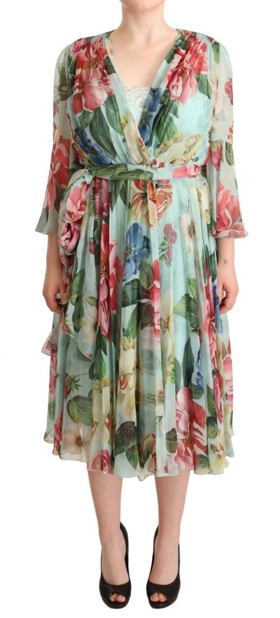 Dolce & Gabbana Multicolor Green Floral Silk Wrap Midi Dress