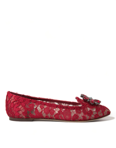 Dolce & Gabbana Red Vally Taormina Lace Crystals Flats Shoes