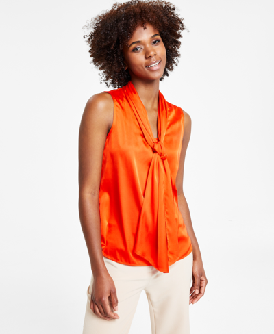 Bar Iii Women's Tie-neck Sleeveless Satin Blouse, Created For Macy's In Spice Orange