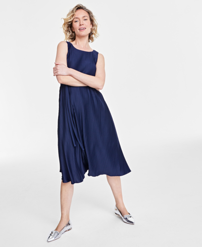 On 34th Women's Pleated Sleeveless Tie-waist Midi Dress, Created For Macy's In Intrepid Blue