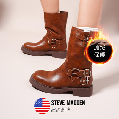 Steve Madden 思美登冬季新款靴子复古西部靴短筒圆头保暖厚底舒适女鞋rae In Brown