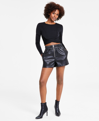 Bar Iii Women's High Rise Zipper Faux Leather Shorts, Created For Macy's In Deep Black