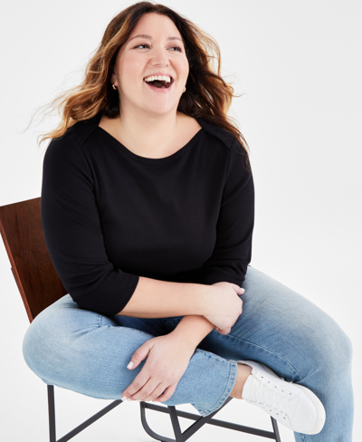 Style & Co Plus Size Pima Cotton 3/4-sleeve Top, Created For Macy's In Deep Black