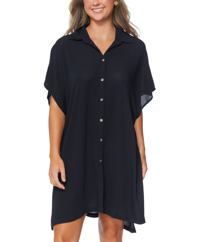 Raisins Juniors' Vacay Button-front Side-slit Cover-up In Black
