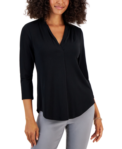 Jm Collection Women's 3/4 Sleeve V-neck Pleat Top, Created For Macy's In Deep Black