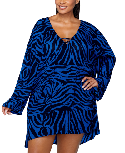Raisins Curve Plus Size Micah Animal Print Cover Up Tunic In Navy