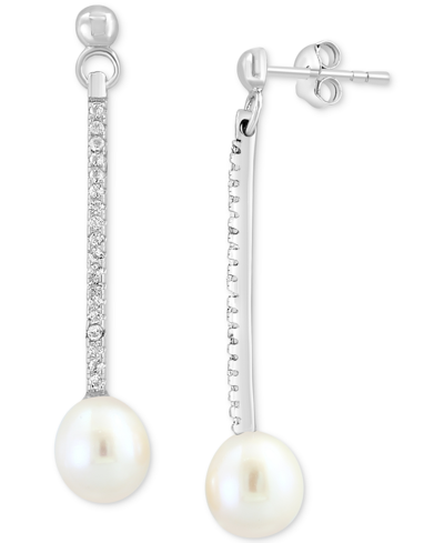 Effy Collection Effy Freshwater Pearl (7mm) & White Topaz (1/5 Ct. T.w.) Linear Drop Earrings In Sterling Silver