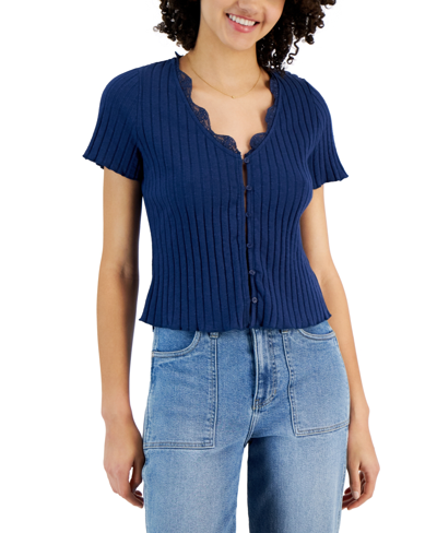 And Now This Women's Lace-trim Short-sleeve Rib-knit Top, Created For Macy's In Dark Blue