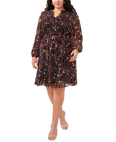Msk Plus Size Printed Pintuck Button-front Belted Dress In Black