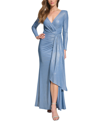 Vince Camuto Ruched Metallic Side Drape Long Sleeve Gown In Blue
