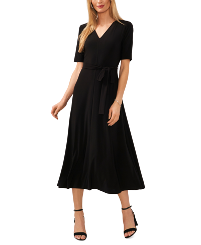 Msk Petite V-neck Short-sleeve Belted Jersey Midi Dress In Black