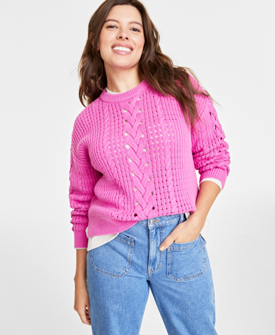 On 34th Plus Size Crewneck Spring Cotton-blend Cable-knit Sweater, Created For Macy's In Phiox Pink