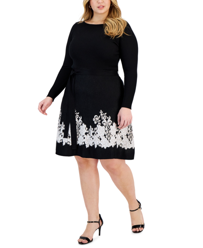 Taylor Plus Size Embroidered Tie-waist Sweater Dress In Black Ivory Powder