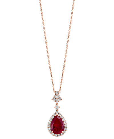 Effy Collection Effy Lab Grown Ruby (7-1/8 Ct. T.w) & Lab Grown Diamond (1 Ct. T.w.) Pear Halo 18" Pendant Necklace In Rose Gold