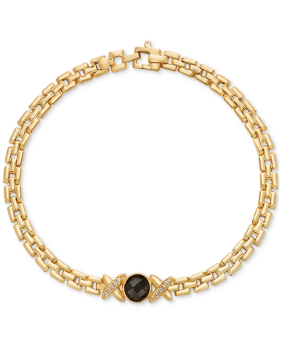 Macy's Onyx & White Topaz (1/10 Ct. T.w.) "x" Panther Link Bracelet In 14k Gold-plated Sterling Silver
