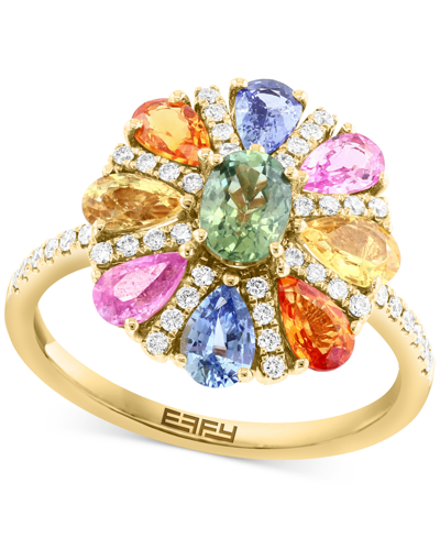 Effy Collection Effy Multi-sapphire (2-3/4 Ct. T.w.) & Diamond (1/4 Ct. T.w.) Flower Ring In 14k Gold In Yellow Gold