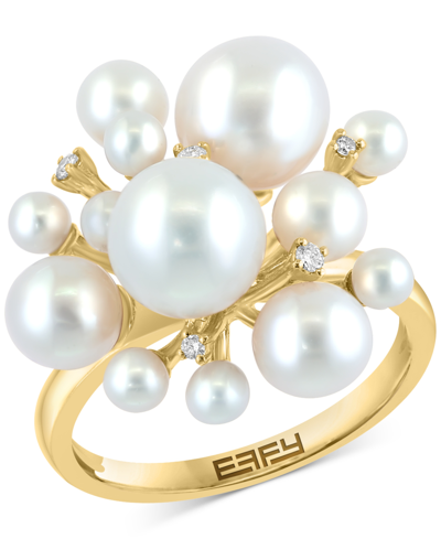 Effy Collection Effy Freshwater Pearl (3-7mm) & Diamond (1/20 Ct. T.w.) Starburst Cluster Ring In 14k Gold