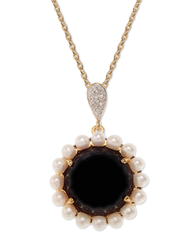Macy's Onyx, Freshwater Pearl (3mm) & White Topaz Accent 18" Pendant Necklace In 14k Gold-plated Sterling S