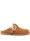 Fendi Feel Suede Shearling Buckle Mules In Brown