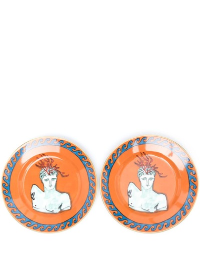 Ginori 1735 Orange Il Viaggio Di Nettuno Porcelain Dessert Plates Set