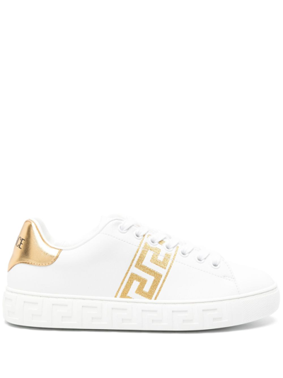 Versace Greca-embroidered Leather Sneakers In White,gold