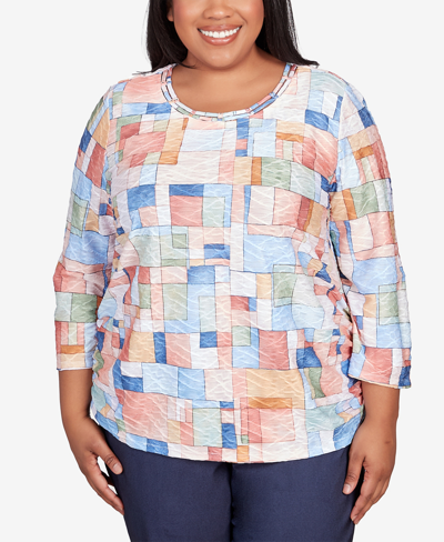 Alfred Dunner Plus Size A Fresh Start Boxes Texture Shirttail Hem Top In Multi