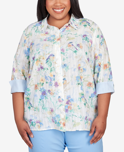 Alfred Dunner Petite Classic Pastels Painted Birds Button Down Top In Multi