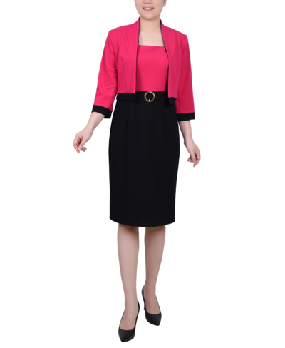 Ny Collection Plus Size 3/4 Sleeve Colorblocked Dress, 2 Piece Set In Black Pink