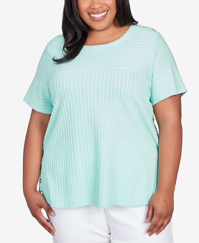 Alfred Dunner Plus Size Classic Brights Solid Texture Split Shirttail T-shirt In Mist Green