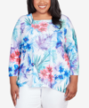 ALFRED DUNNER PLUS SIZE CLASSIC BRIGHTS TROPICAL BIRDS LACE PANELED TOP