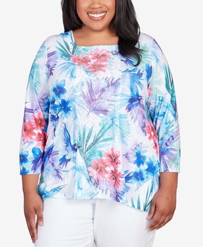 Alfred Dunner Plus Size Classic Brights Tropical Birds Lace Paneled Top In Multi