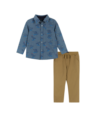 Andy & Evan Kids' Toddler/child Boys Skateboarding Dino Chambray Button-down Set In Skater Dino