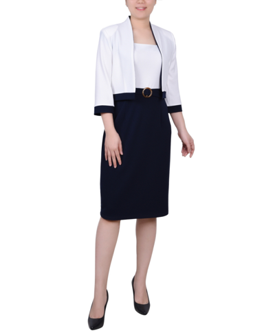 Ny Collection Women's 3/4 Sleeve Colorblocked Dress, 2 Piece Set In Navy,ivory