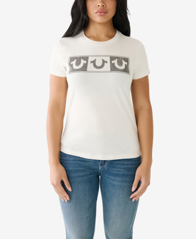 True Religion Women's Short Sleeve Crystal Horseshoe Crewneck T-shirt In Winter White
