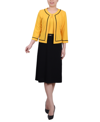 Ny Collection Plus Size 3/4 Sleeve Colorblocked Dress, 2 Piece Set In Black,lemon