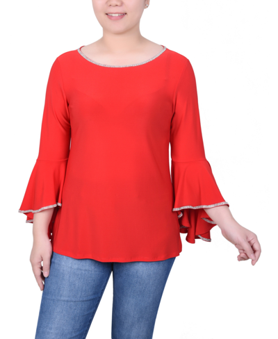 Ny Collection Petite Long Bell Sleeve Knit Top With Stone Details In Jester Red