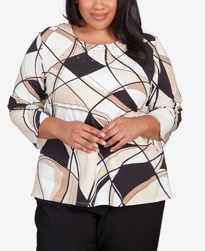 Alfred Dunner Plus Size Neutral Territory Abstract Patchwork Pleated Neck Top In Multi