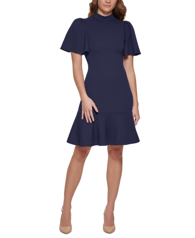 Calvin Klein Women's Mock-neck Flare-sleeve Dress In Indigo