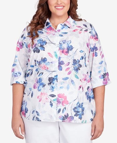 Alfred Dunner Plus Size Classic Denim Floral Burnout Button Down Top In Multi