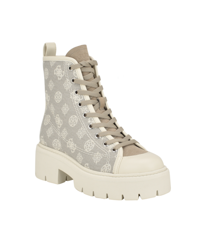 Guess Women's Shutter Lace-up Logo Pattern Combat Boots In Ivory Logo Multi