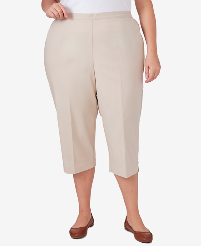 Alfred Dunner Plus Size Classic Neutrals Pull On Button Hem Twill Capri Pants In Stone