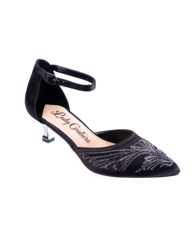Lady Couture Women's Closed Toe, Closed Back, Open Sides Instep Strap Embroidered Short Heel Pumps In Black