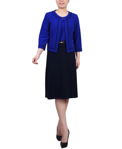 Ny Collection Plus Size 3/4 Sleeve Dress, 2 Piece Set In Navy,sapphire